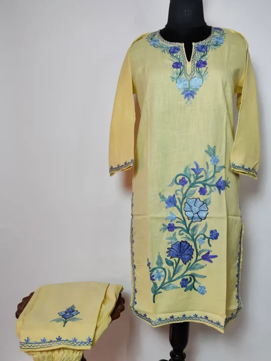 Cream Long Cotton Co-ord Set with Aari Embroidery Waqar