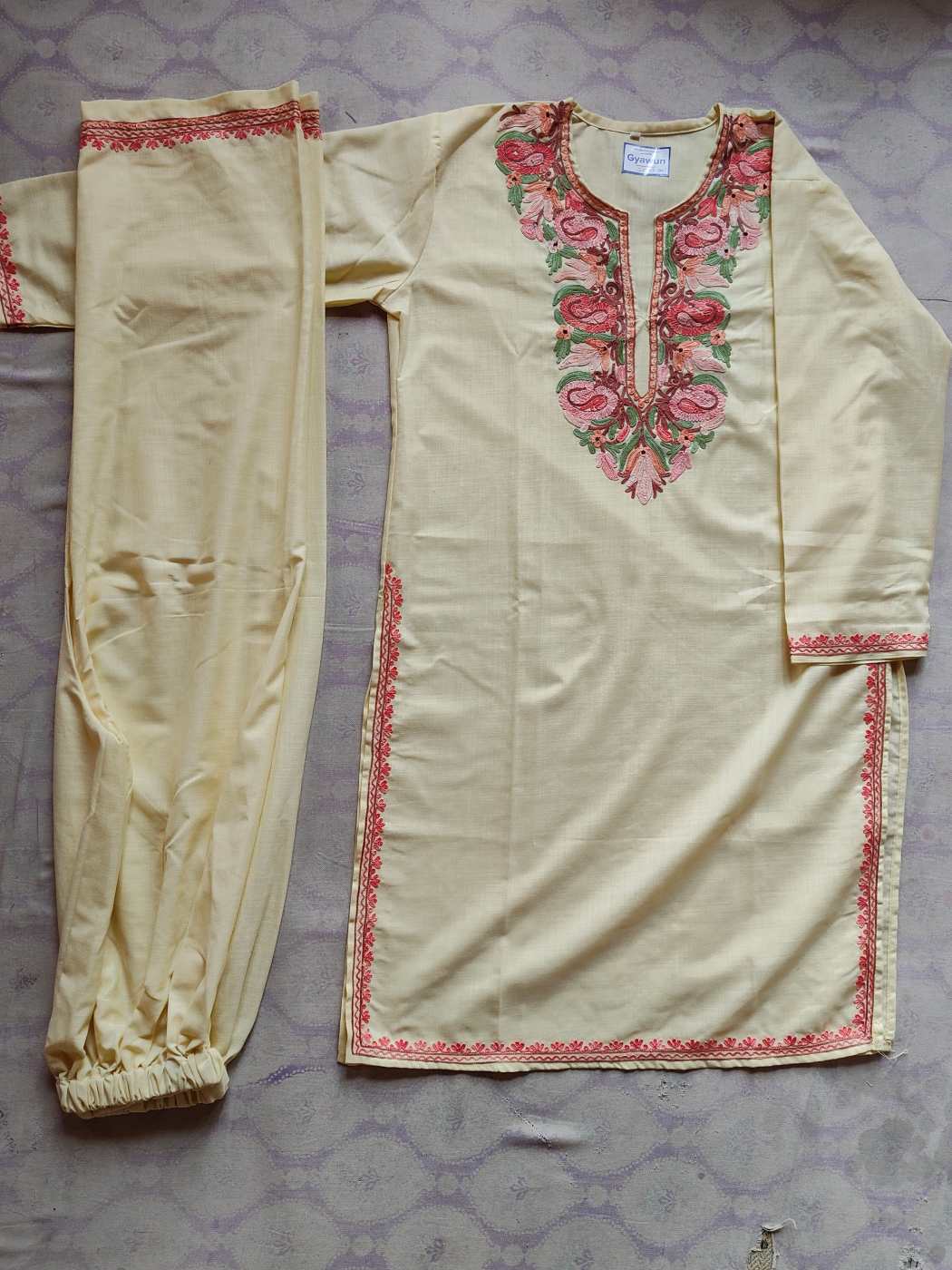 Hazir Yellow Long Ruby Cotton Co-ord Set with Aari Embroidery - Image 5