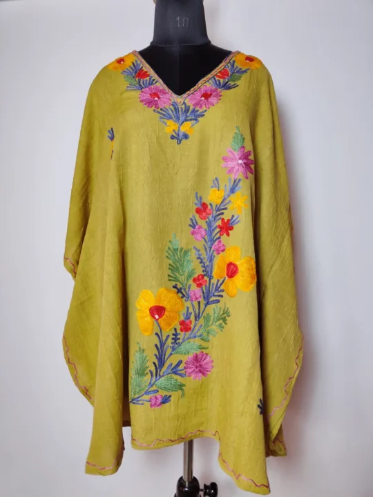 Shabnam Mehndi Green Cotton Kaftan with Aari Work