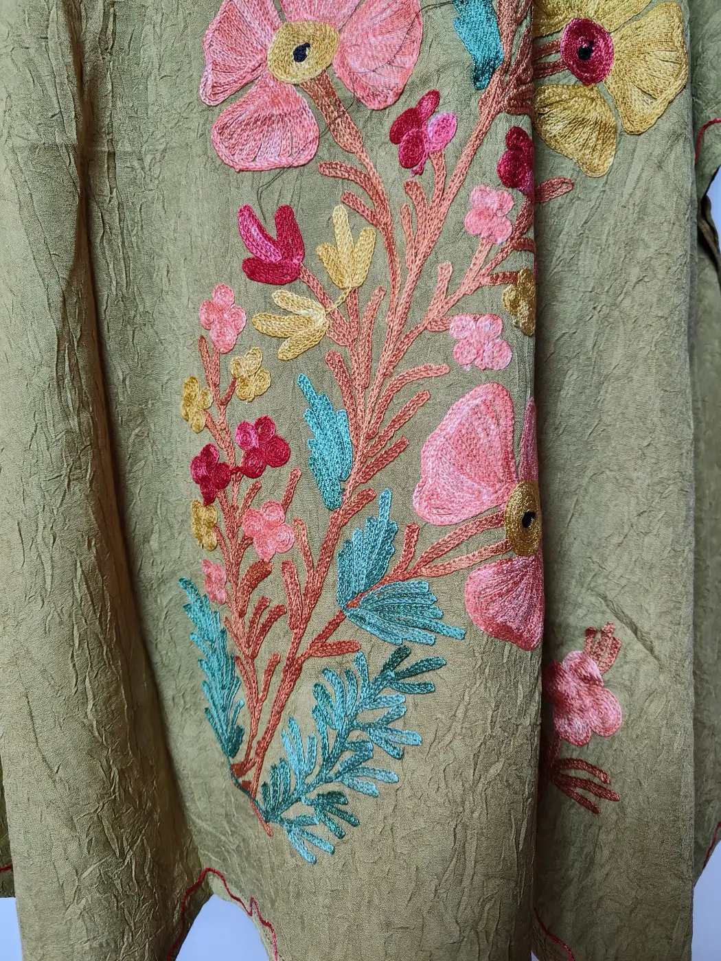 Mehndi Green Crush Cotton Kaftan Ayan with Aari Work - Image 2