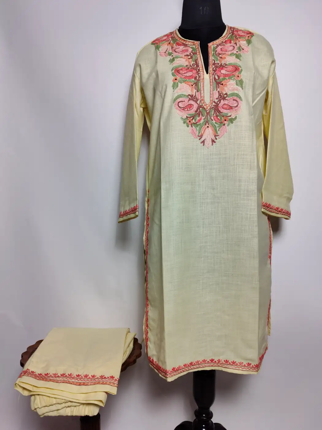 Hazir Cream Long Ruby Cotton Co-ord Set with Aari Embroidery