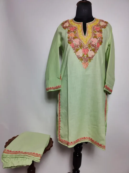 Nazneen Pastel Green Long Ruby Cotton Co-ord Set with Aari Embroidery