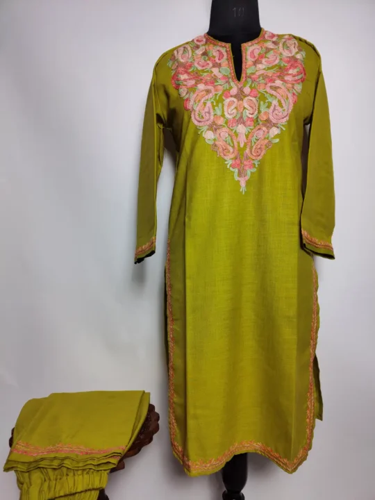 Mehndi Green Long Ruby Cotton Co-ord Set with Aari Embroidery Hifazat
