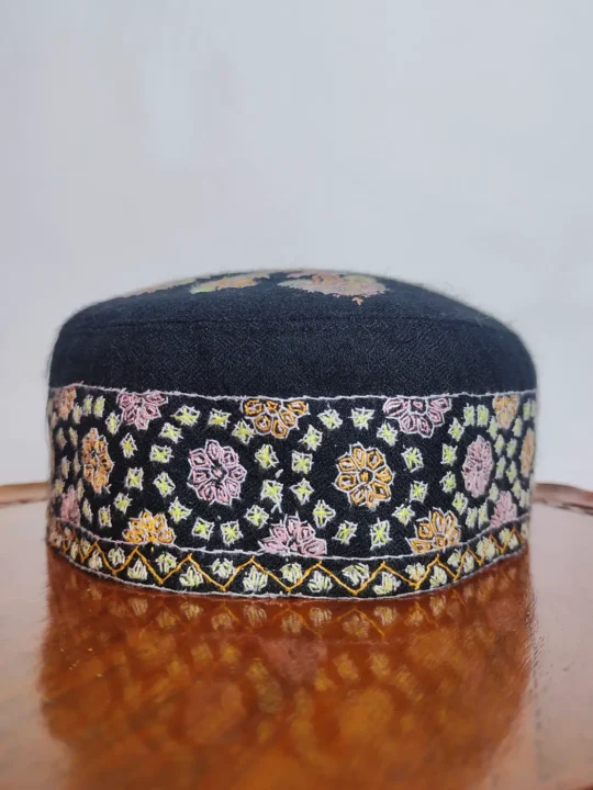 Mehrban Black Pure Pashmina Cap with Kashmiri Hand Sozni Embroidery