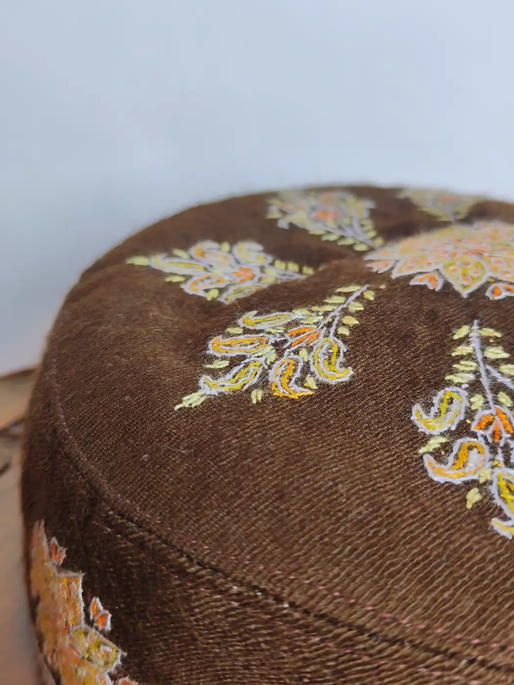 Ayan Pure Pashmina Brown Kashmiri Hand Sozni Cap - Image 2