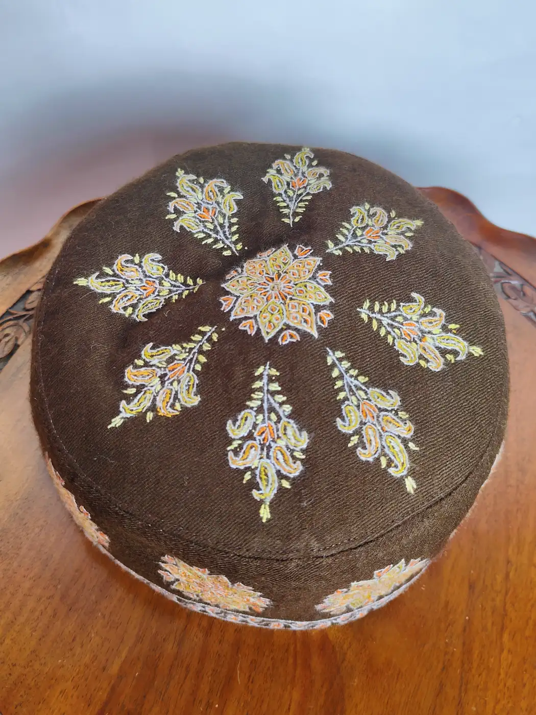 Ayan Pure Pashmina Brown Kashmiri Hand Sozni Cap - Image 3