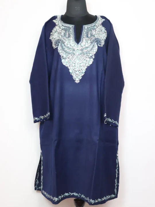 Dark Blue Naziya Raffal Wool Pheran with Hand Aari Work