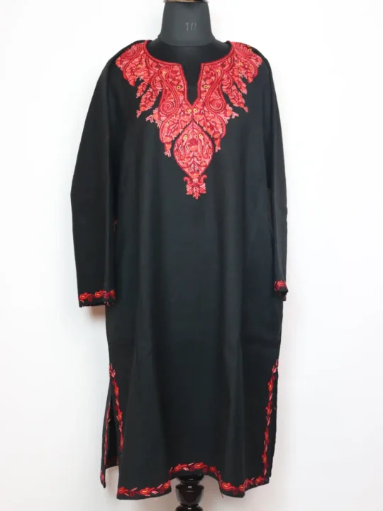 Black Raffal Wool Pheran with Hand Aari Work Dilnawaz