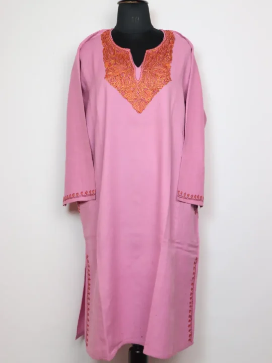 Pink Kashmiri Raffal Wool Pheran with Bushra Hand Sozni Embroidery
