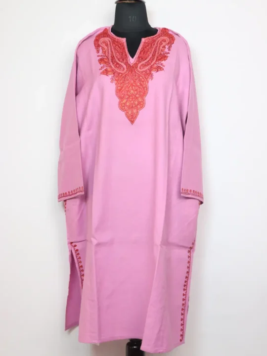 Hayat Pink Kashmiri Raffal Wool Pheran with Hand Sozni Embroidery