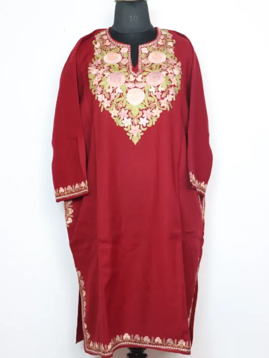 Maroon Raffal Wool Pheran With Aari Embroidery Numa