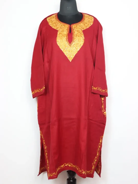 Nazakat Maroon Raffal Wool Pheran with Hand Aari Work