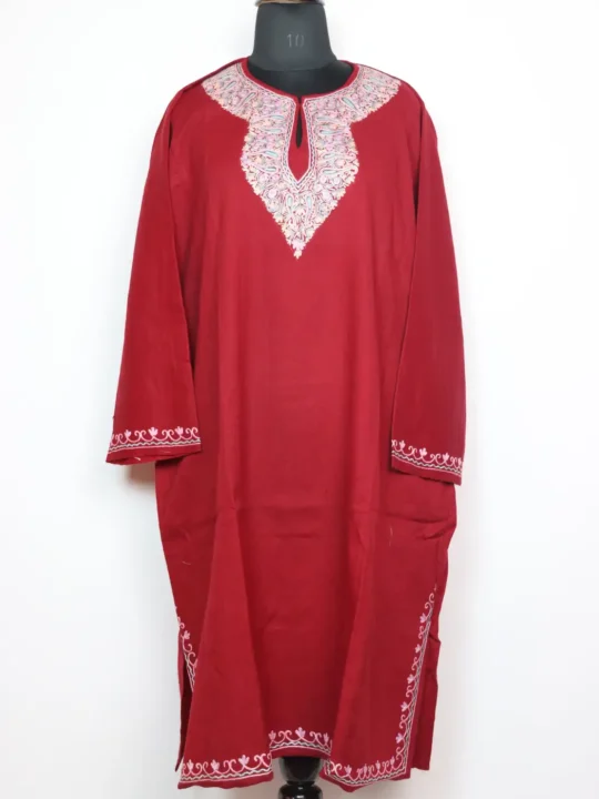 Nazakat Maroon Raffal Wool Pheran with Hand Aari Work
