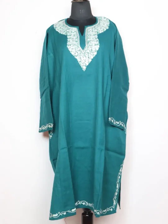 Sukoon Teal Green Raffal Wool Pheran with Hand Aari Work