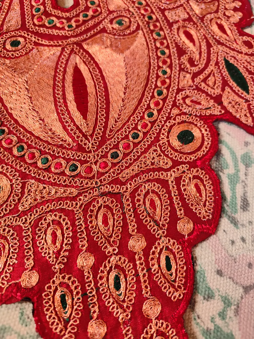 Red Patch with Copper Tilla Embroidery with Daman, Sleeves and Lace Zareen - Image 4