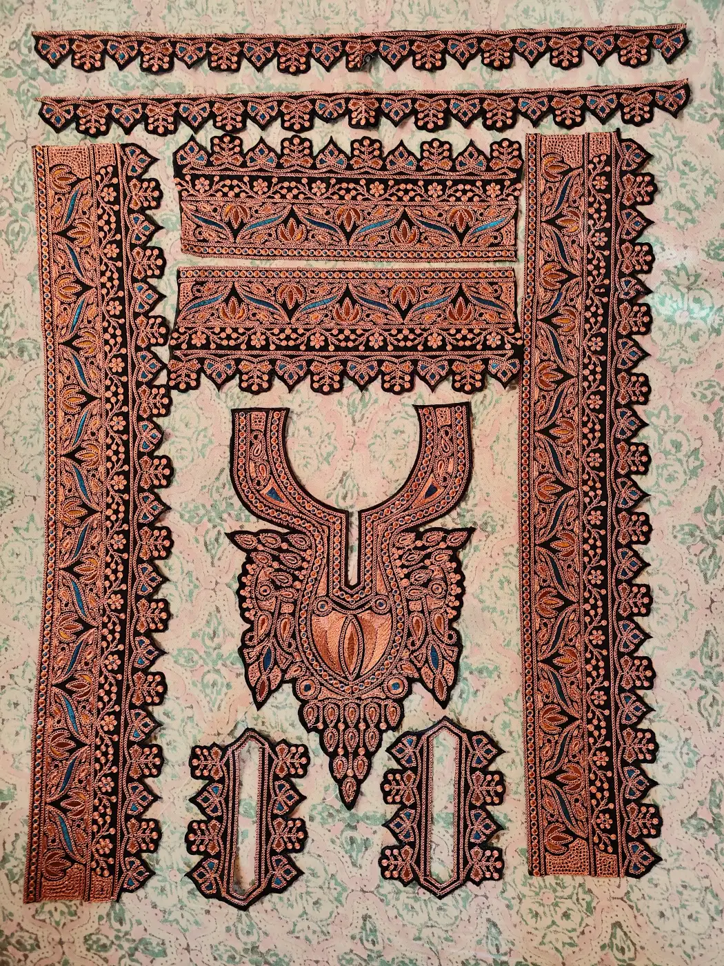 Gulbahar Black Patch with Copper Tilla Embroidery with Daman, Sleeves and Lace