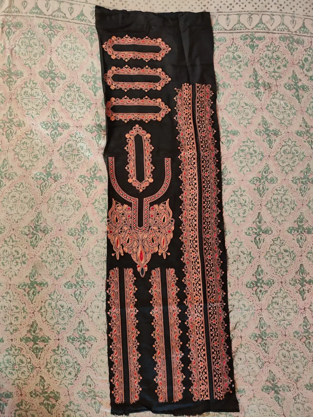 Black Patch Set with Copper Tilla Embroidery - Pockets, Sleeves and Lace - Koraab Style