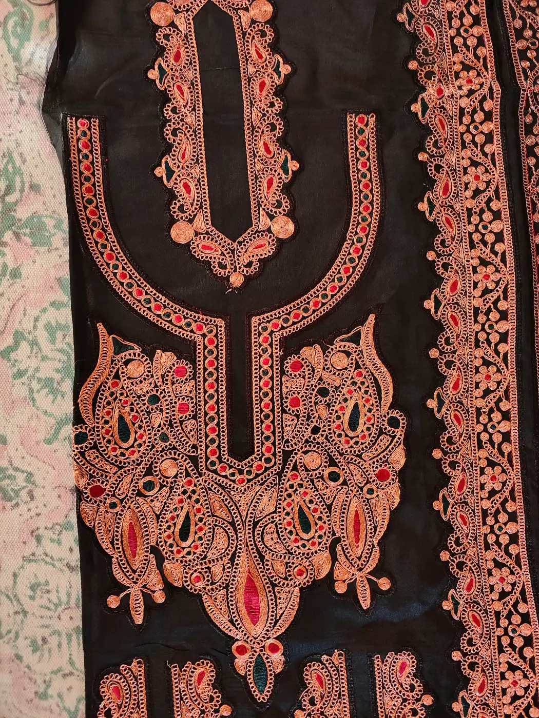 Black Patch Set with Copper Tilla Embroidery - Pockets, Sleeves and Lace - Koraab Style - Image 2