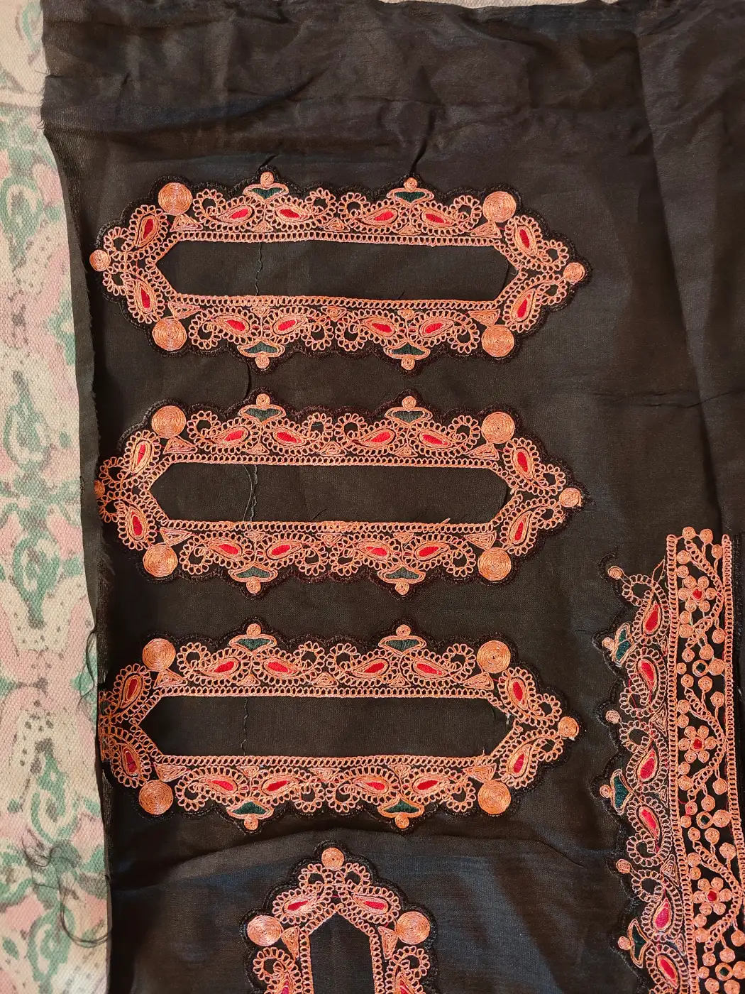 Black Patch Set with Copper Tilla Embroidery - Pockets, Sleeves and Lace - Koraab Style - Image 4