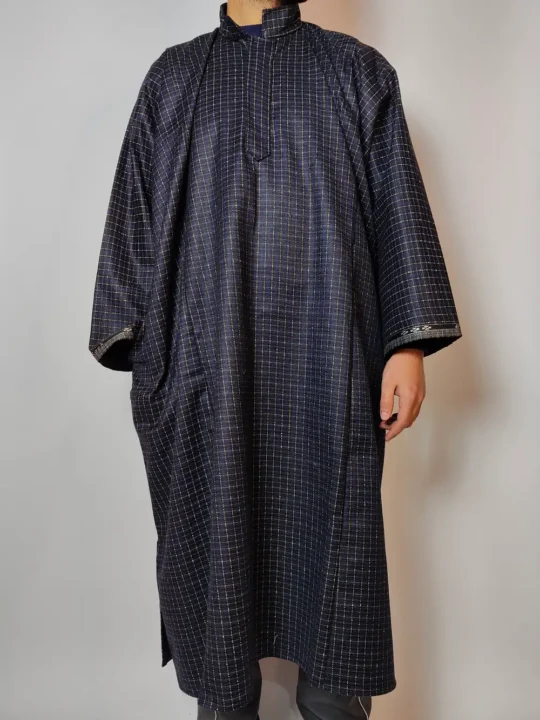 Midnight Blue Mens Traditional Box Check Kashmiri Pheran Taskeen