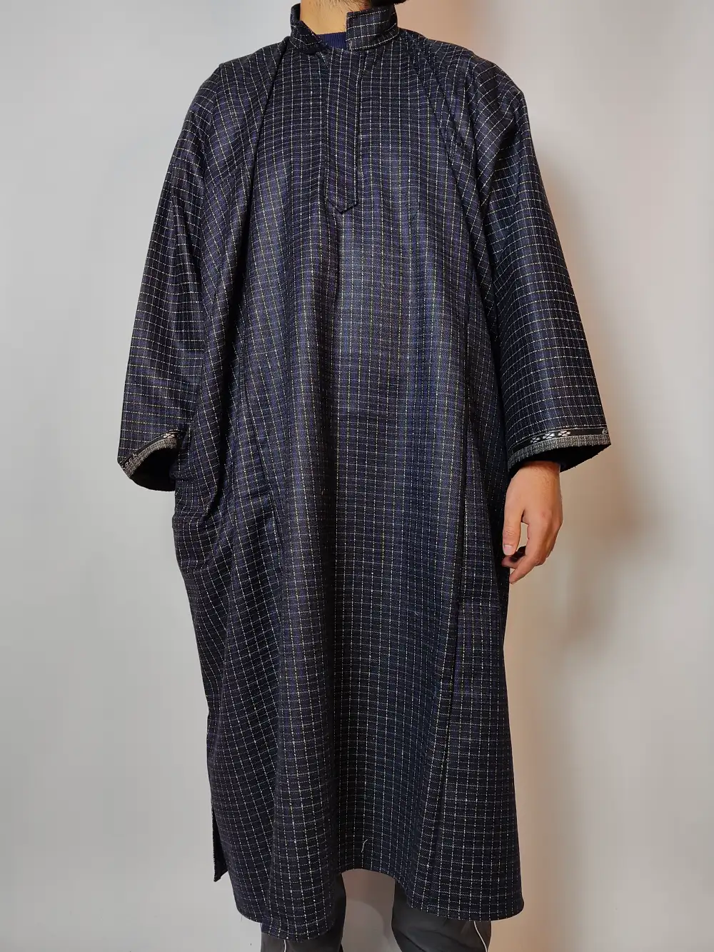 Midnight Blue Mens Traditional Box Check Kashmiri Pheran Taskeen