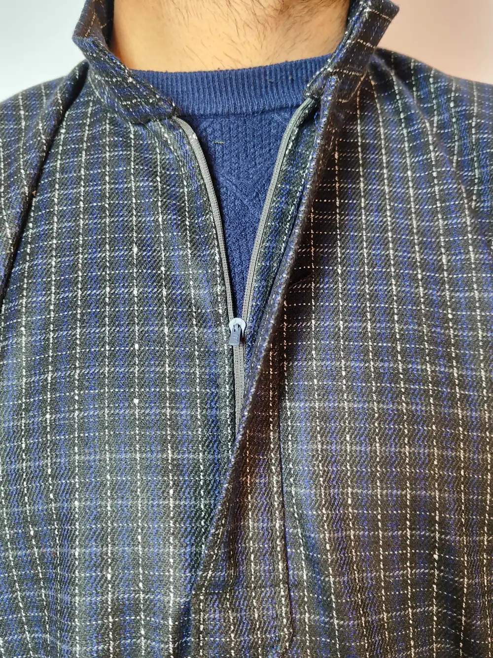 Midnight Blue Mens Traditional Box Check Tweed Kashmiri Pheran Taskeen - Image 2