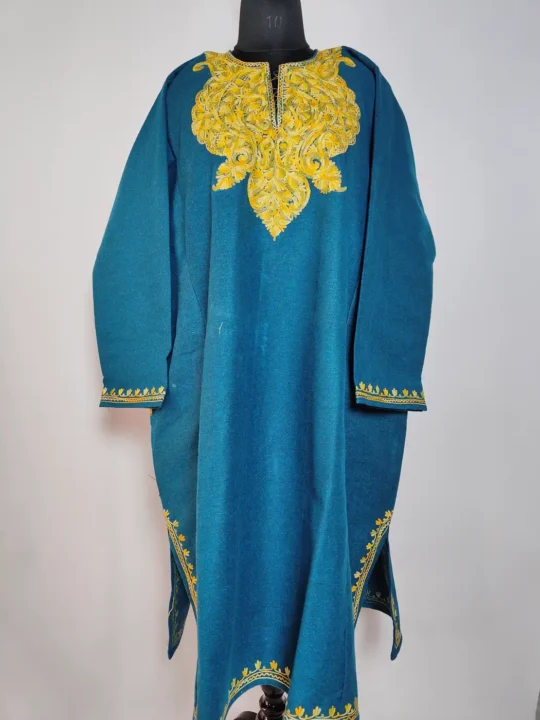 Oceanic Blue Loose Tweed Pheran Noor with Aari Embroidery