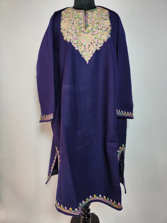 Hayat Minight Blue Loose Tweed Pheran with Aari Embroidery
