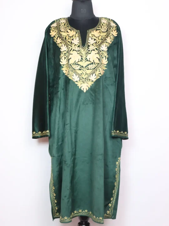 Numaish Loose Dark Green Kashmiri Aari Work Pheran in Velvet