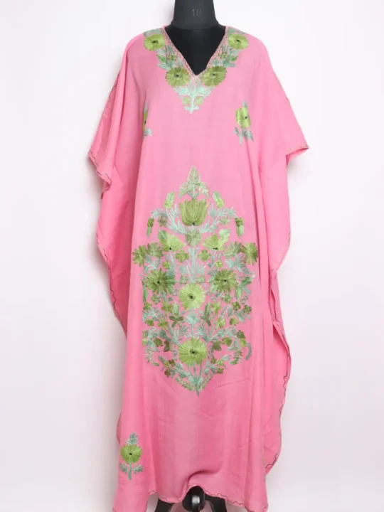 Pink Cotton Long Kaftan with Aari Work Naheed