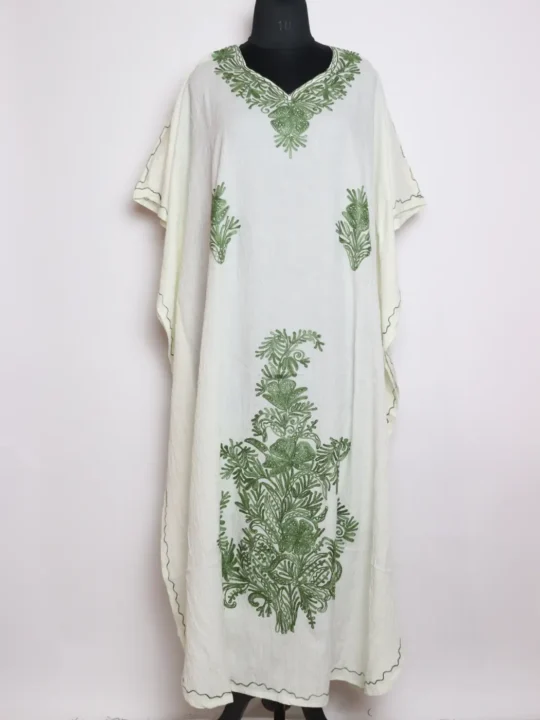 Noora White Long Cotton Kaftan with Aari Embroidery
