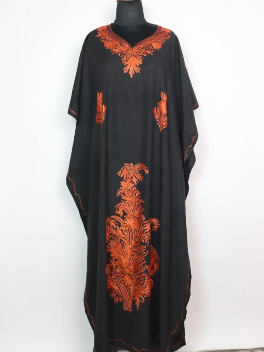 Black Zoya Long Cotton Kaftan with Aari Embroidery