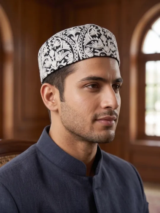 Black Wool Aari Embroidery Cap Sehran
