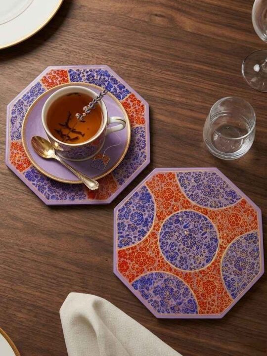 Hand-Painted Red and Purple Kashmiri Paper Mache Modern Table Mat-Set of 2
