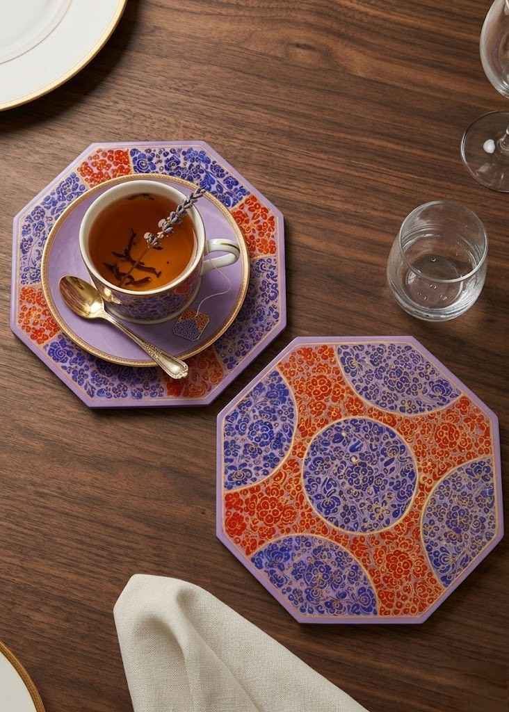 Hand-Painted Red and Purple Kashmiri Paper Mache Modern Table Mat-Set of 2