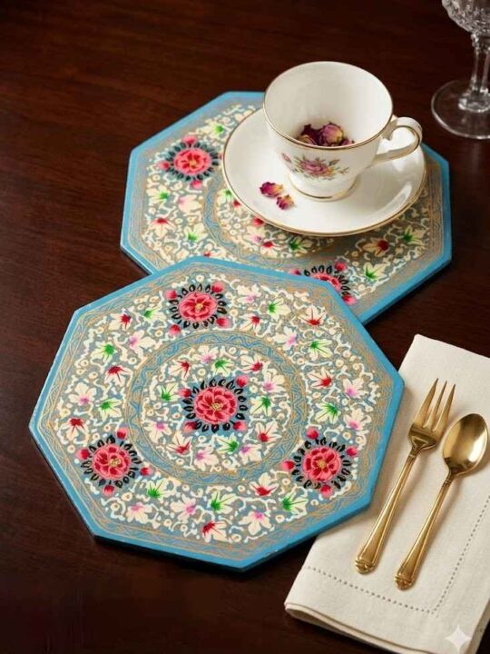 Kashmiri Paper Mache Place Mat Hand-Painted Blue -Set of 2