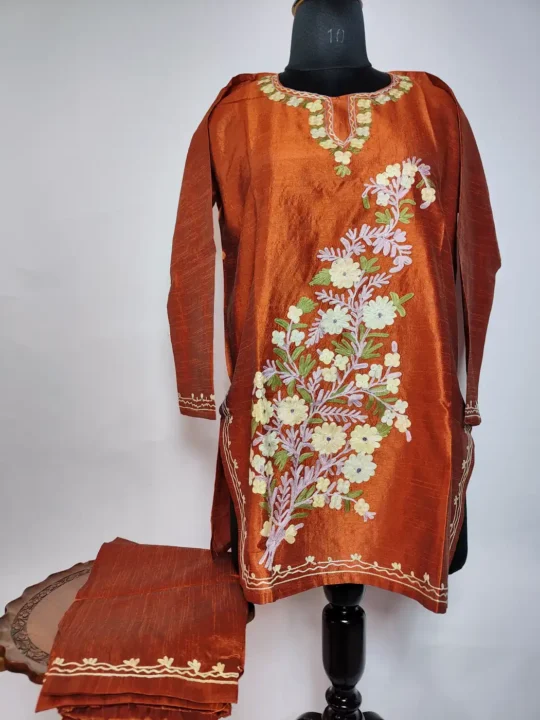 Kashmiri Silk Anabiya Short Orange Kurti with Aari Embroidery