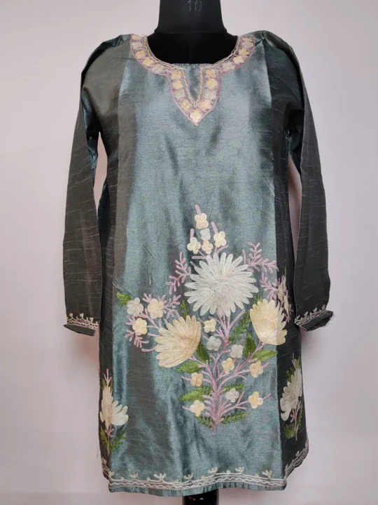 Grey Khusburti Kashmiri Short Kurti in Silk with Aari Embroidery