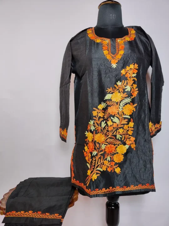 Mehkta Kashmiri Black Silk Short Kurti Set with Aari Embroidery