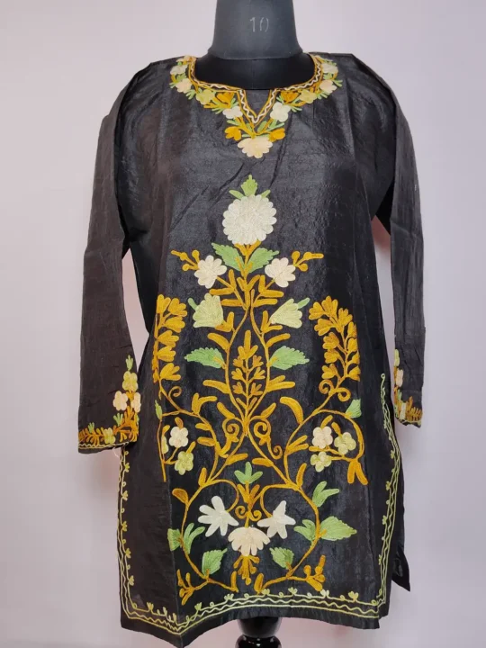 Aari Embroidery Haseen Short Kashmiri Kurti in Black Silk