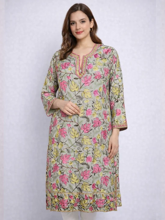 Long Georgette Grey Kurti Mahnoor with Chinar Front Back Aari Embroidery