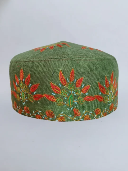 Kashmiri Aabid Green Toosha Cap with Hand Sozni Embroidery