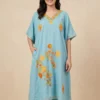 Long Crush Cotton Fiza Sky Blue Kaftan with Aari Embroidery