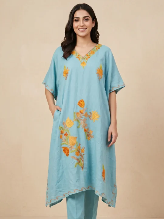 Long Crush Cotton Fiza Sky Blue Kaftan with Aari Embroidery