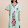 Parrot Green Long Crush Cotton Kaftan with Aari Embroidery