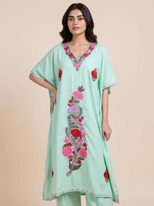 Parrot Green Long Crush Cotton Kaftan with Aari Embroidery