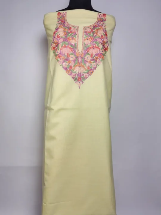 Dilbar Pastel Yellow 2pc Kashmiri Decent Suit with Aari Embroidery in Ruby Cotton