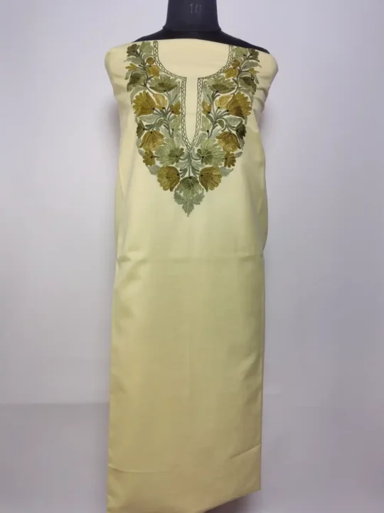 Pale Yellow 2pc Kashmiri Unstiched Suit in Ruby Cotton with Aari Embroidery Laila