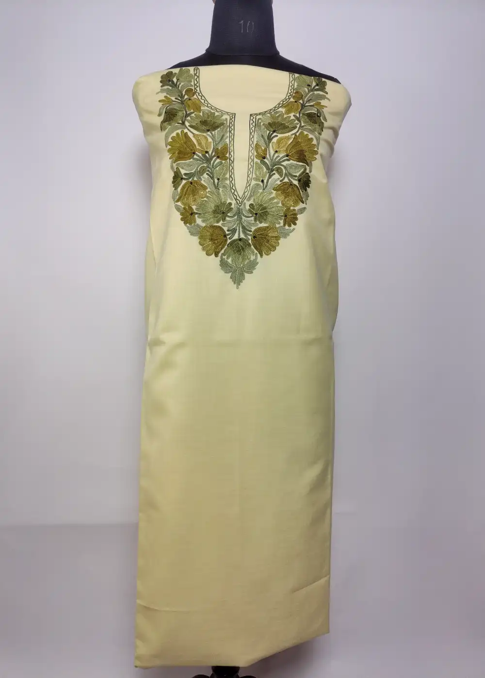 Pale Yellow 2pc Kashmiri Unstiched Suit in Ruby Cotton with Aari Embroidery Laila