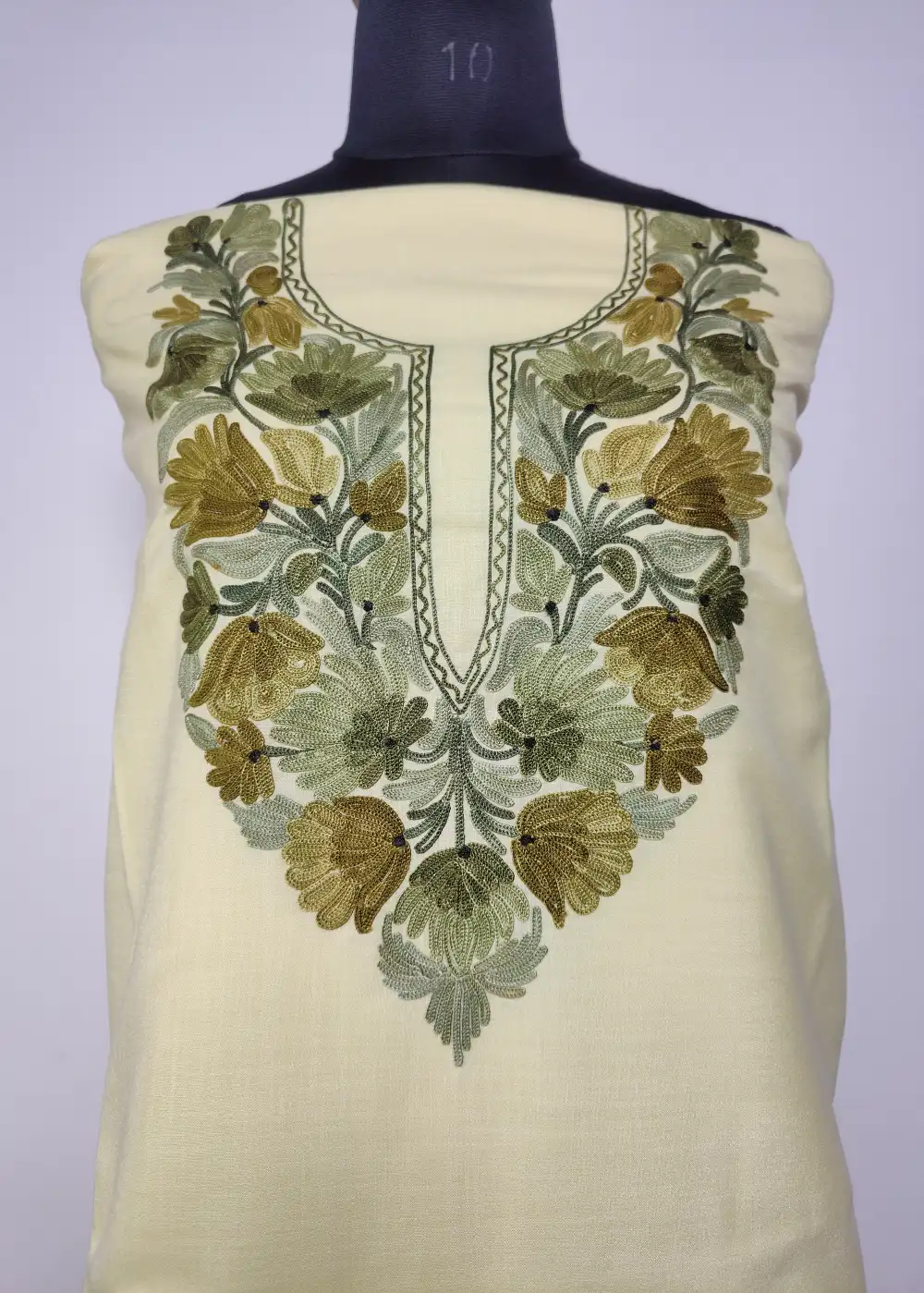 Pale Yellow 2pc Kashmiri Unstiched Suit in Ruby Cotton with Aari Embroidery Laila - Image 2